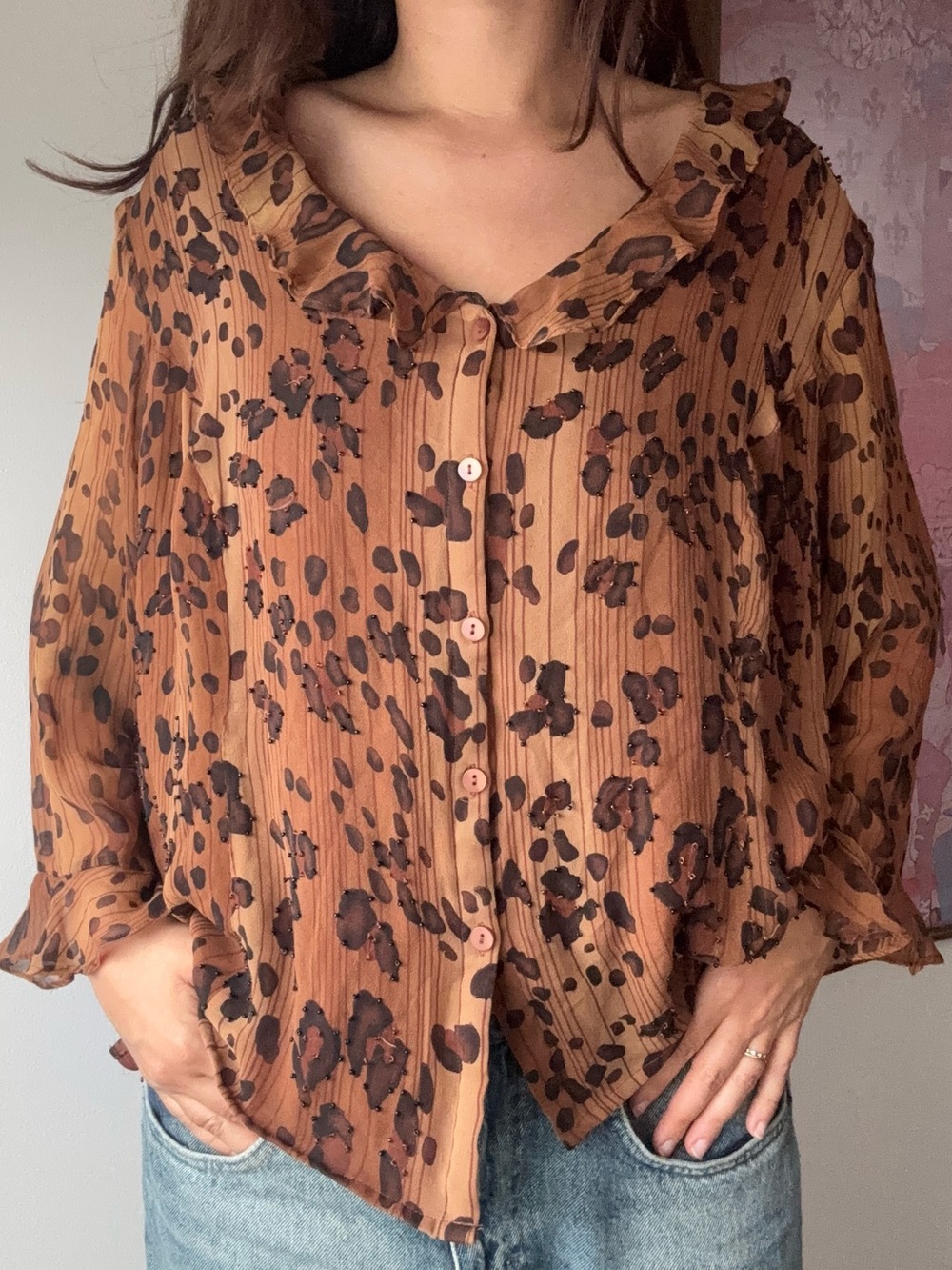Vintage Y2K ice Leopard Print 100% Silk Ruffle Top